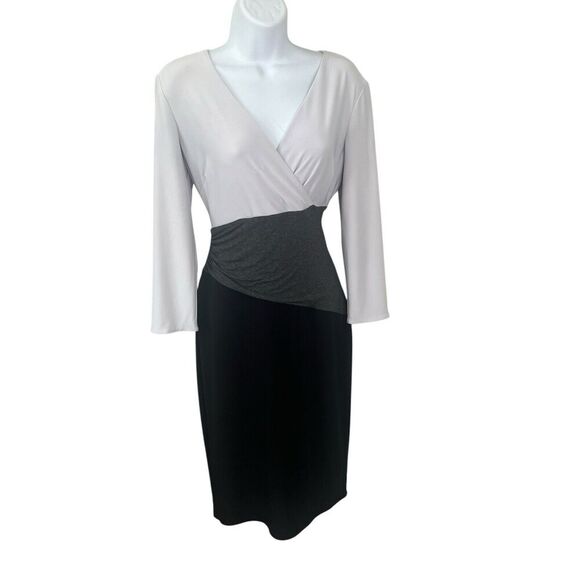 Lauren Ralph LRL Sheath Dress Sz 4 Faux Wrap Jersey Stretch Gray Color Block - Picture 1 of 10